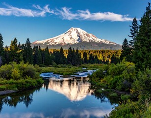 Snow-capped mountain backdrop with river weaving through lush green vegetation under a partly cloudy blue sky