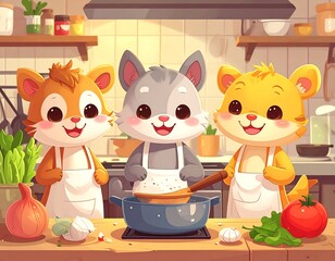 Cartoonish animals cooking in a kitchen, cheerful expressions