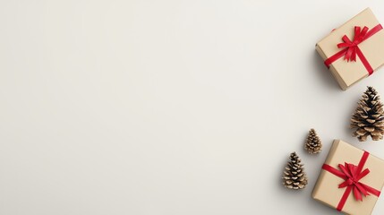 Christmas Gifts with Pine Trees and Wide Left Copy Space on White Background