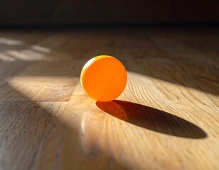 Close-up of an orange sphere casting a long shadow on wooden floor