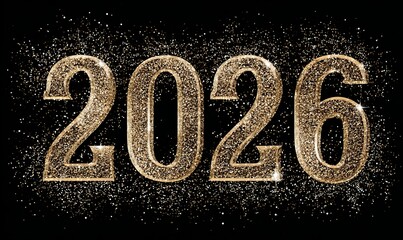 Golden glitter numbers 2026 on black background new year