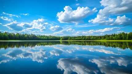 Obraz premium Tranquil lake reflecting bright blue sky with fluffy white clouds and lush forest