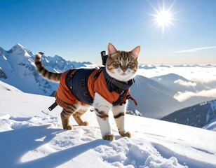 Cat in winter gear stands atop a snowy mountain, sunny background