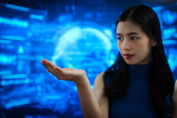 Futuristic woman interacting with virtual holographic interface, touching transparent digital screens in blue cyber environment, data controly, immersive human computer interaction.