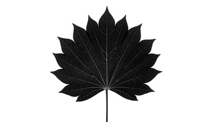 Single, dark, detailed leaf isolated on black, showing veins and intricate edge detail