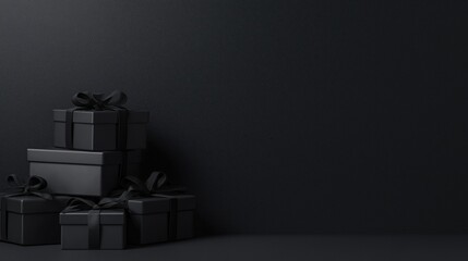 Minimalist Black Gift Boxes with Elegant Ribbon on Dark Background with Wide Right Copy Space Background
