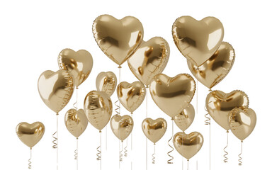 Gold heart balloons isolated on transparent background