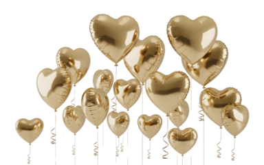 Gold heart balloons isolated on transparent background