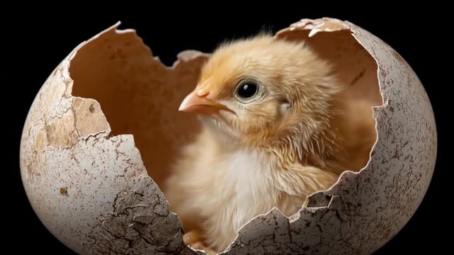 A fluffy chick peeks from a jagged eggshell against a dark backdrop, tenderly curious in soft light
