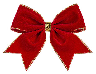A festive, velvety red bow with gold trim and a central knot, isolated on black