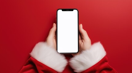 Minimalist Christmas Smartphone Mockup Held by Santa Hands on Red Background
