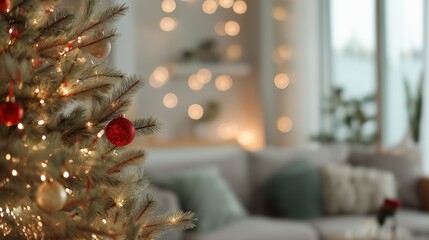 Minimalist Christmas Tree with Warm Lights in Modern Living Room Interior