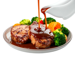 A close-up view of two grilled meat portions on a plate, with cooked vegetables, doused by sauce