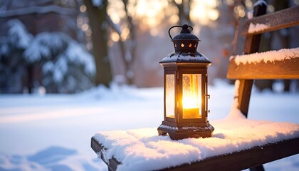 Lit lantern on snowy bench in a winter forest bathed in golden sunlight