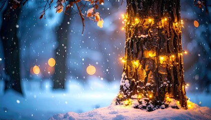 Snow-dusted tree trunk wrapped in warm fairy lights in a blurred winter scene