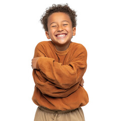 boy smiling joyfully while hugging himself on transparent png background