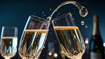 Close-up shot of two champagne flutes clinking together with champagne spilling, celebrating a special occasion.