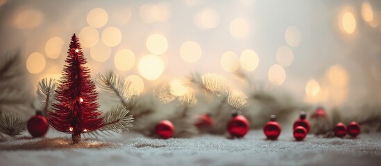 Minimalist Red Christmas Tree with Warm Golden Bokeh on Soft Winter Background
