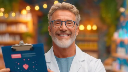 Smiling pharmacist holding clipboard with health information