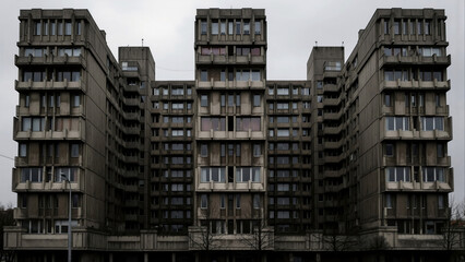 Obraz premium Brutalist concrete apartment block with repetitive windows and severe geometry photographed under overcast sky