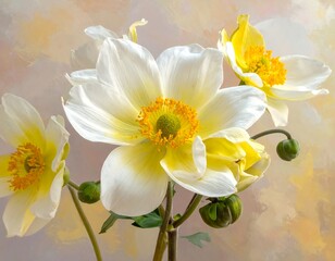 Close-up of delicate white and yellow flowers with orange centers