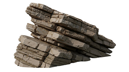 Stacked layered stone slabs with sharp fractured edges and realistic rock texture for nature scenes isolated transparent background, png