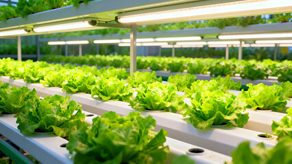Rows of vibrant green hydroponic lettuce growing under bright artificial lights in a modern indoor vertical farm setting
