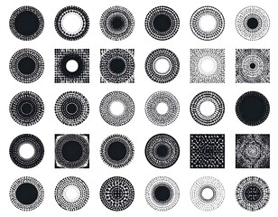 Thirty-one geometric shapes arranged in rows and columns, each a unique textured, patterned, circle or square design