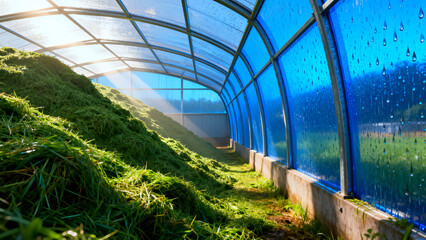 Bright morning sunlight streams into a curved agricultural silo covered with blue translucent sheeting holding a large mound of fresh green silage grass