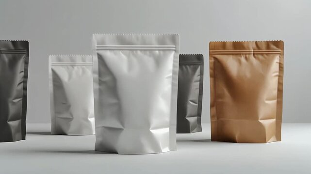 Stand up pouches with zip closures ideal for packaging, food storage, or organization products in vibrant designs. Great marketing material for food or retail businesses.