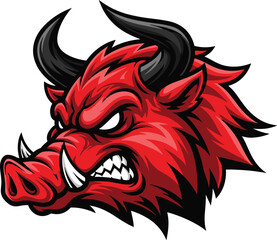 Aggressive wild boar head mascot, fierce red hog logo, snarling animal emblem, sports team symbol, bold vector design - flat vector illustration