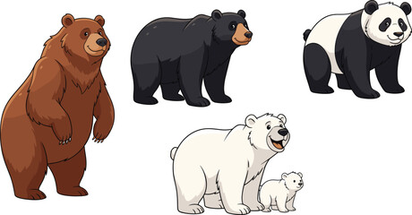    Cartoon bear species illustration, brown black panda polar cub, wildlife animal characters, cute forest mammals - flat vector illustration © Mehebub Creatives