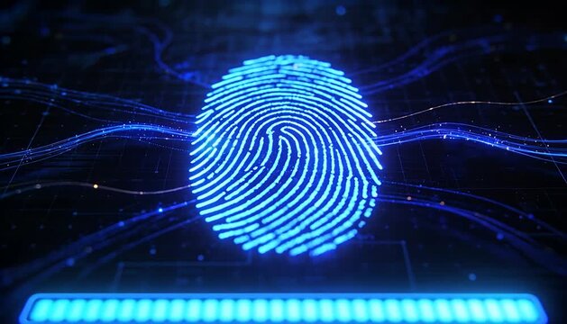 Secure digital fingerprint identification process, biometrics authentication, and secure access confirmation.