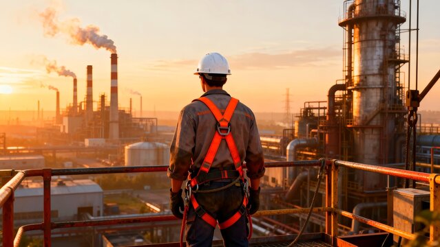 Safety inspector wearing a full-body harness surveys a vast industrial complex and petrochemical refinery at sunrise for compliance checks.