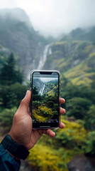 Hand holding a smartphone in the foreground capturing a photo of a scenic mountain landscape with a waterfall in the background, vertical 9:16 composition, travel photography
