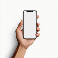 Hand holding a smartphone with a blank white screen against a plain white background, isolated with copy space, vertical composition, modern digital device mockup.
