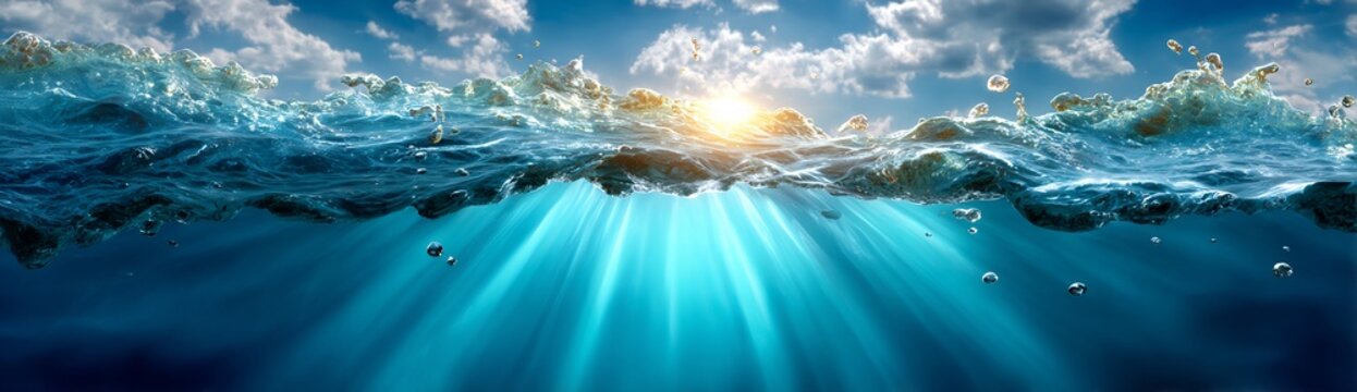 Cinematic ultra wide underwater background sun rays penetrating clear blue water calm ocean atmosphere smooth gradients abstract nature banner with copy space