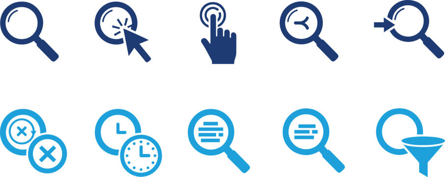 Search and interaction icons collection in blue monochrome colorset