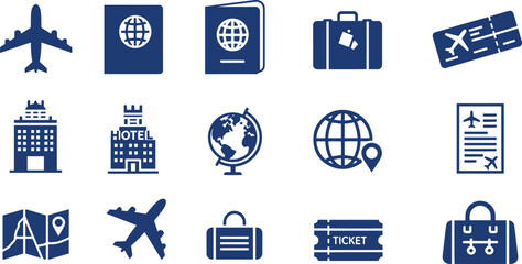 International travel and tourism icons for flight booking and trips