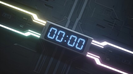 Digital timer display, showcasing the crucial moment of 00:00 against a complex tech background.