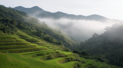 Fototapeta premium Sunrise over rice terraces in a misty mountain area along with green fields