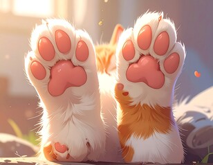 Close-up of fluffy cat paws with visible pads and fur, soft focus