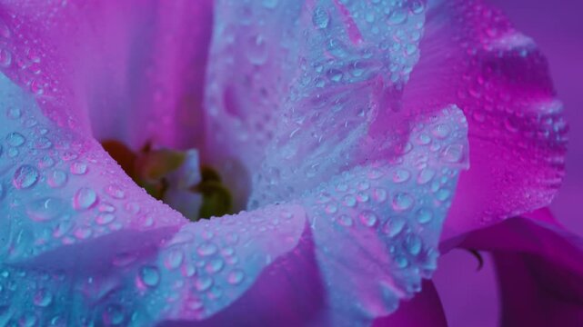 Droplets floral. Bloom art. Defocused blue Purple neon color flower eustoma plant water nature dew pistils wet petals on abstract tropical background.