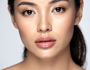 Close-up of a beautiful woman's face, radiant skin, and glossy lips