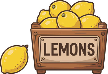 Wooden crate filled with ripe lemons and one lemon beside it fruit yellow