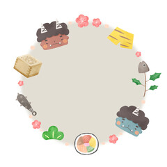 水彩風の節分フレームイラスト（鬼・豆・恵方巻き・柊鰯）