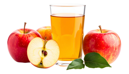 A glass of golden juice surrounded by fresh red apples, one halved