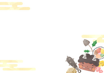 水彩風の節分フレームイラスト（鬼・豆・恵方巻き・柊鰯）