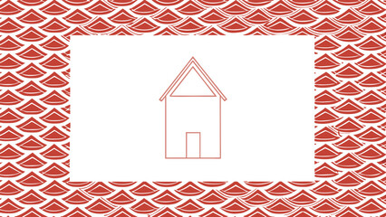 Simple House Outline Framed by Red Japanese Wave Pattern on White Background drawing line art