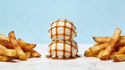 Crispy French Fries with Vanilla Ice Cream Scoops Wrapped in Caramel Grid Pattern, Served on White Marble Surface (Sweet-Savory Dessert Snack)
